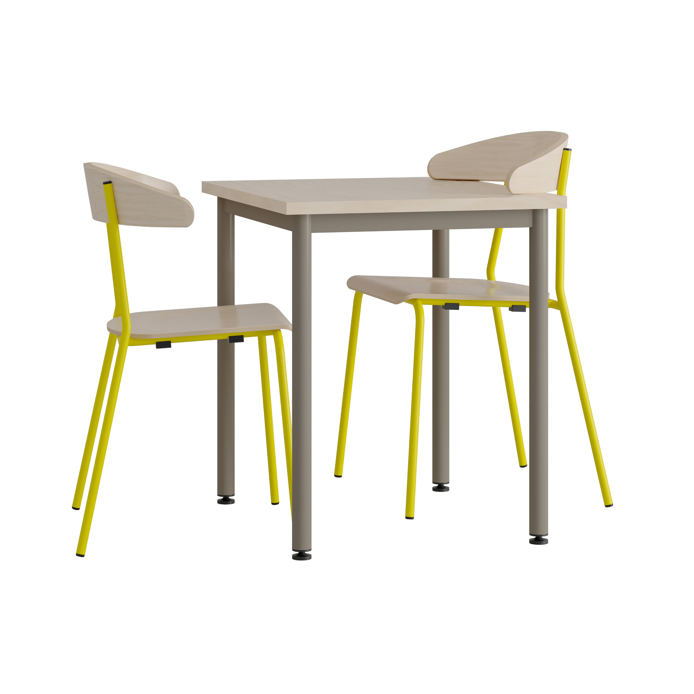 Stühle mit gelben Füßen vor Tisch